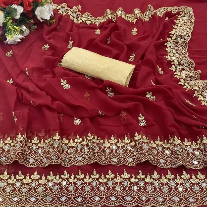 YUGAVEERAA Georgette Embroidered Regular Saree With Unstitched Blouse Piece ( Red ) YUGAVEERAA Georgette Embroidered Regular Saree With Unstitched Blouse Piece ( Red )