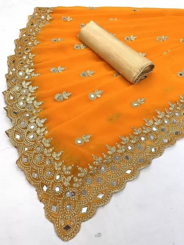 YUGAVEERAA Georgette Embroidered Regular Saree With Unstitched Blouse Piece ( Orange ) YUGAVEERAA Georgette Embroidered Regular Saree With Unstitched Blouse Piece ( Orange )