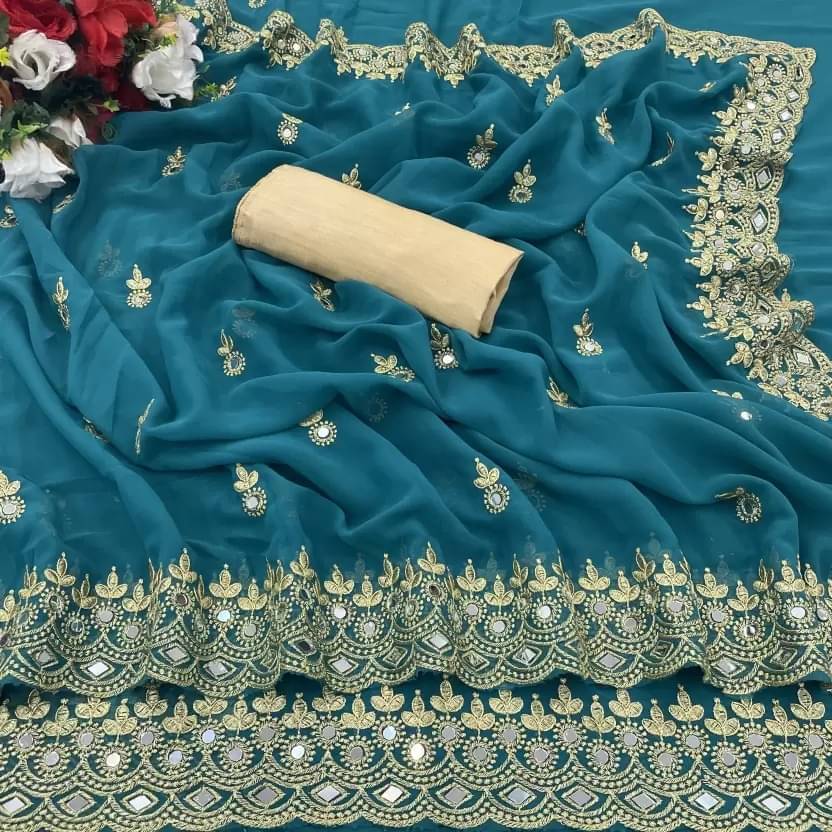 YUGAVEERAA Georgette Embroidered Regular Saree With Unstitched Blouse Piece ( Rama ) YUGAVEERAA Georgette Embroidered Regular Saree With Unstitched Blouse Piece ( Rama )