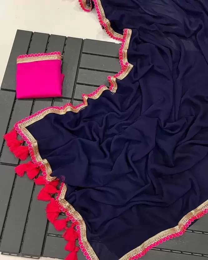 YUGAVEERAA Georgette Self Design Regular Saree With Unstitched Blouse Piece ( Navy Blue ) YUGAVEERAA Georgette Self Design Regular Saree With Unstitched Blouse Piece ( Navy Blue )