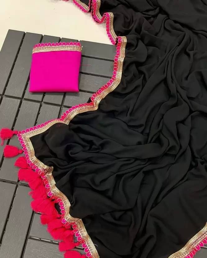     			YUGAVEERAA Georgette Self Design Regular Saree With Unstitched Blouse Piece ( Black )
