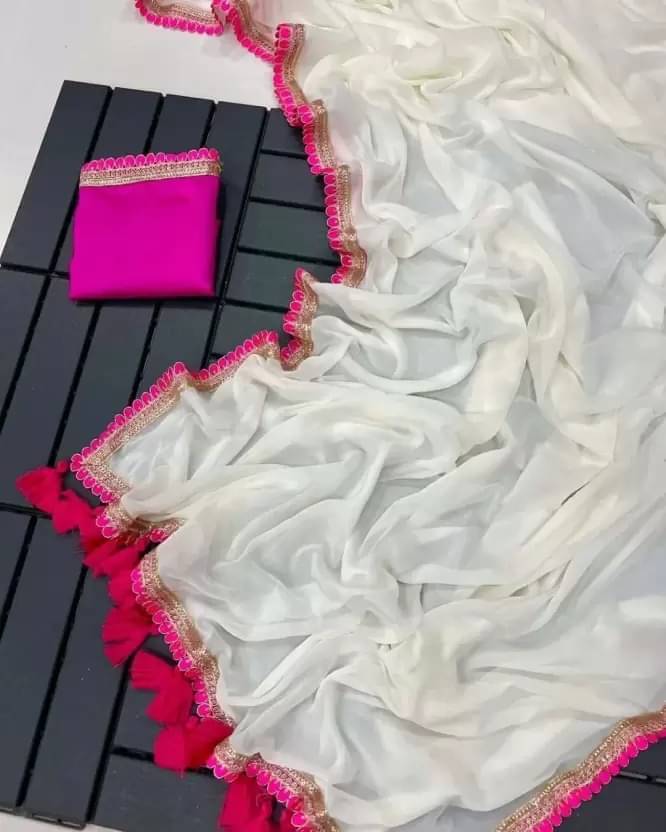 YUGAVEERAA Georgette Self Design Regular Saree With Unstitched Blouse Piece ( White ) YUGAVEERAA Georgette Self Design Regular Saree With Unstitched Blouse Piece ( White )