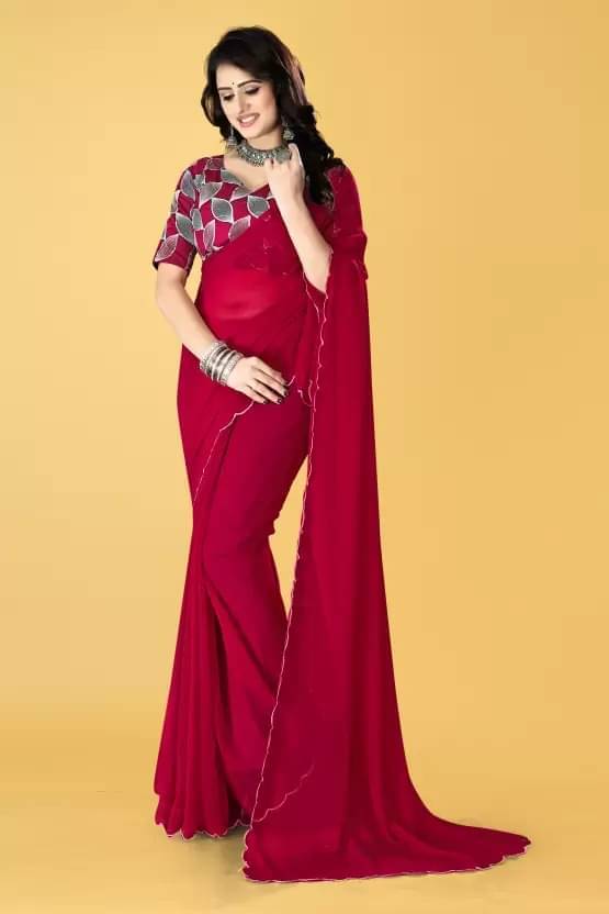     			YUGAVEERAA Georgette Solid Regular Saree With Unstitched Blouse Piece ( Pink )