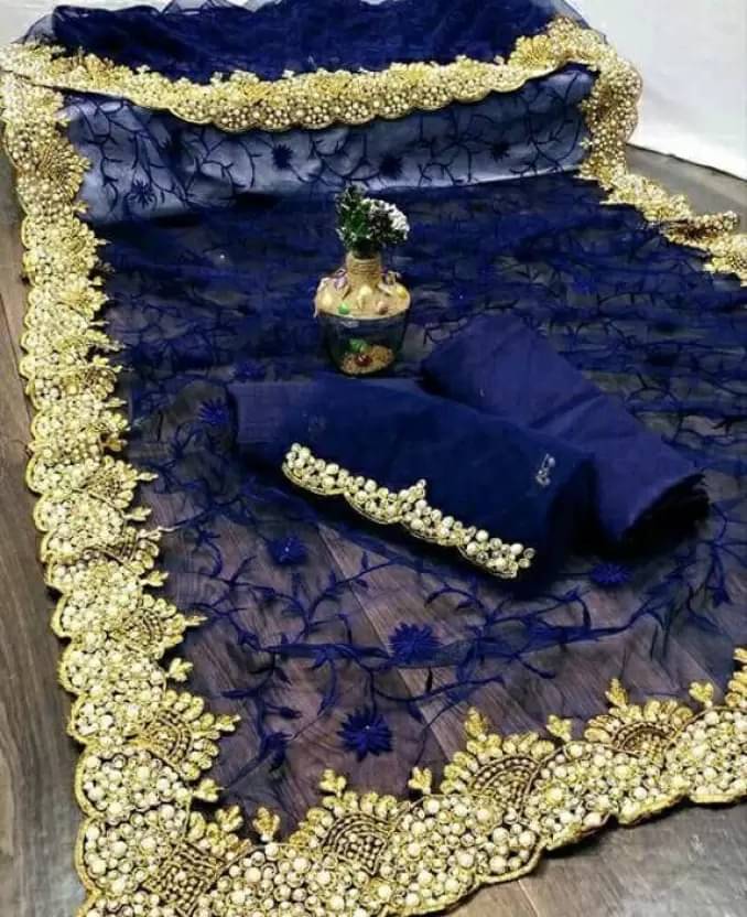 YUGAVEERAA Net Embroidered Regular Saree With Unstitched Blouse Piece ( Navy Blue ) YUGAVEERAA Net Embroidered Regular Saree With Unstitched Blouse Piece ( Navy Blue )