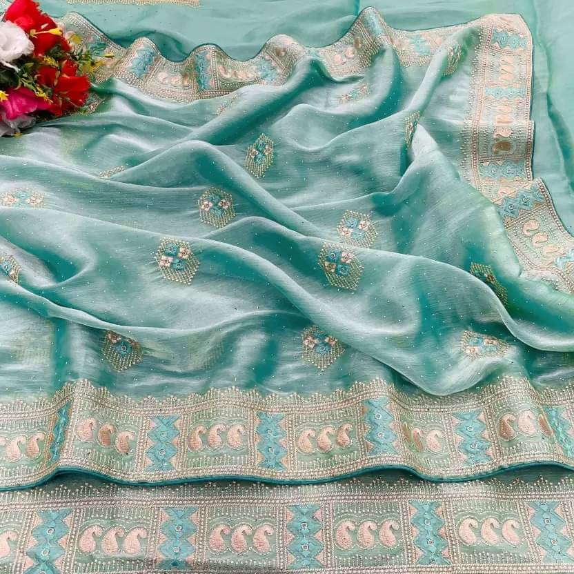     			YUGAVEERAA Organza Embellished Regular Saree With Unstitched Blouse Piece ( Blue )