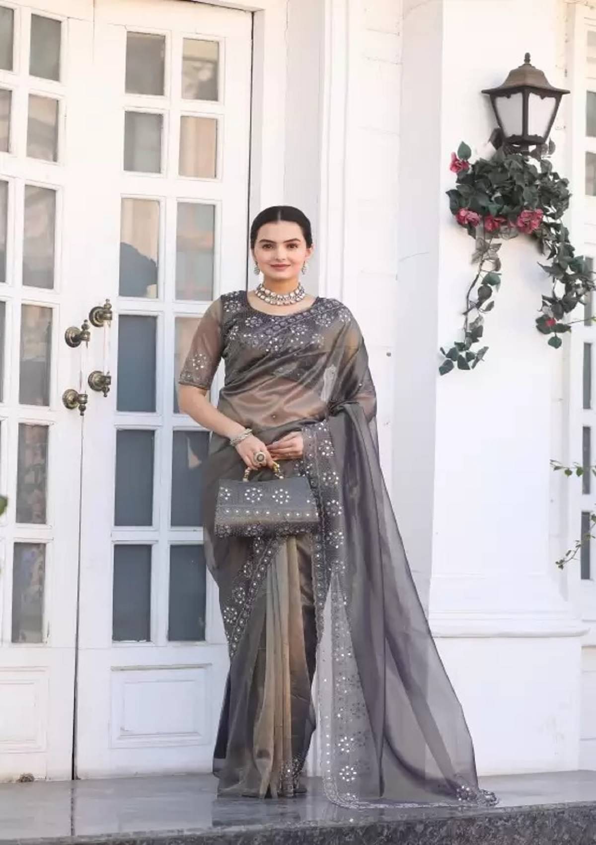 YUGAVEERAA Organza Embellished Regular Saree With Unstitched Blouse Piece ( Grey ) YUGAVEERAA Organza Embellished Regular Saree With Unstitched Blouse Piece ( Grey )