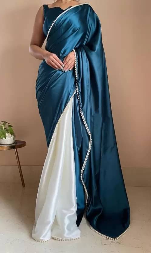     			YUGAVEERAA Satin Colorblock Regular Saree With Unstitched Blouse Piece ( Turquoise )