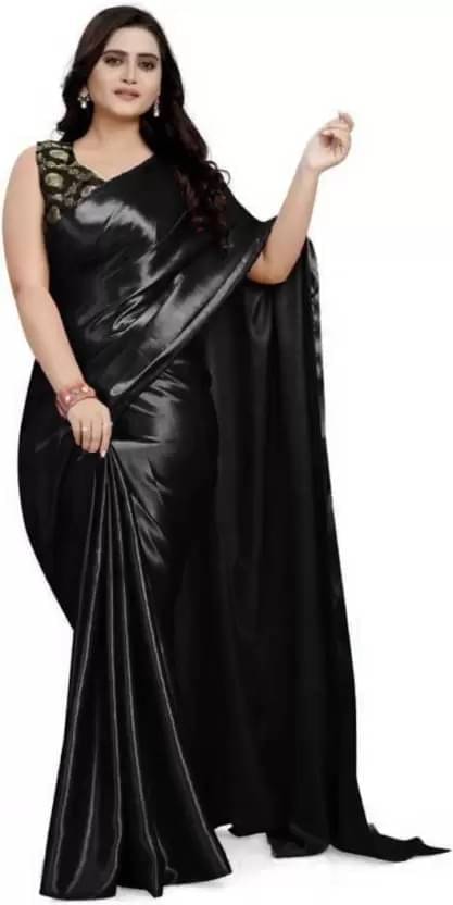     			YUGAVEERAA Satin Solid Regular Saree With Unstitched Blouse Piece ( Black )