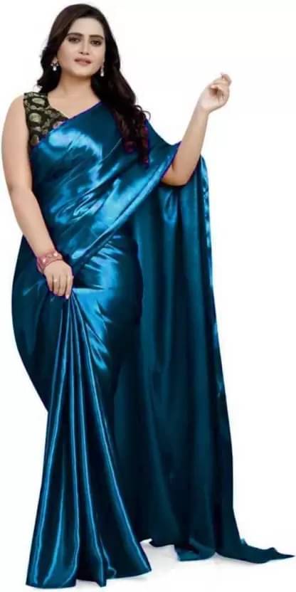     			YUGAVEERAA Satin Solid Regular Saree With Unstitched Blouse Piece ( Turquoise )