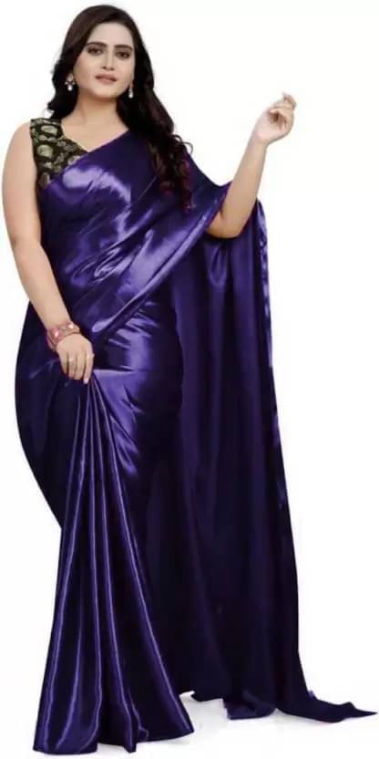 YUGAVEERAA Satin Solid Regular Saree With Unstitched Blouse Piece ( Navy Blue ) YUGAVEERAA Satin Solid Regular Saree With Unstitched Blouse Piece ( Navy Blue )