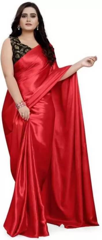 YUGAVEERAA Satin Solid Regular Saree With Unstitched Blouse Piece ( Red ) YUGAVEERAA Satin Solid Regular Saree With Unstitched Blouse Piece ( Red )