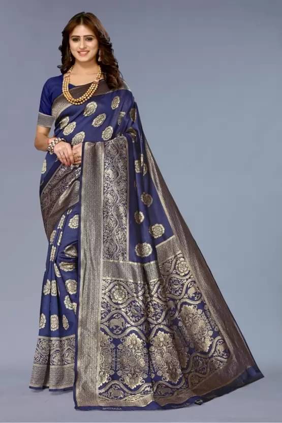 YUGAVEERAA Silk Embellished Regular Saree With Unstitched Blouse Piece ( Navy Blue ) YUGAVEERAA Silk Embellished Regular Saree With Unstitched Blouse Piece ( Navy Blue )
