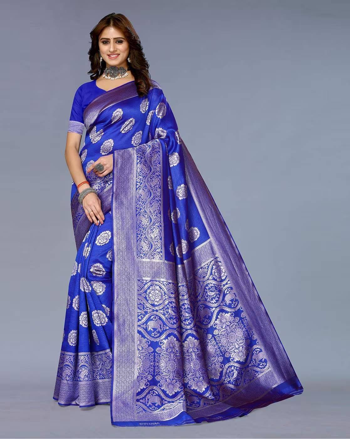 YUGAVEERAA Silk Embellished Regular Saree With Unstitched Blouse Piece ( Blue ) YUGAVEERAA Silk Embellished Regular Saree With Unstitched Blouse Piece ( Blue )