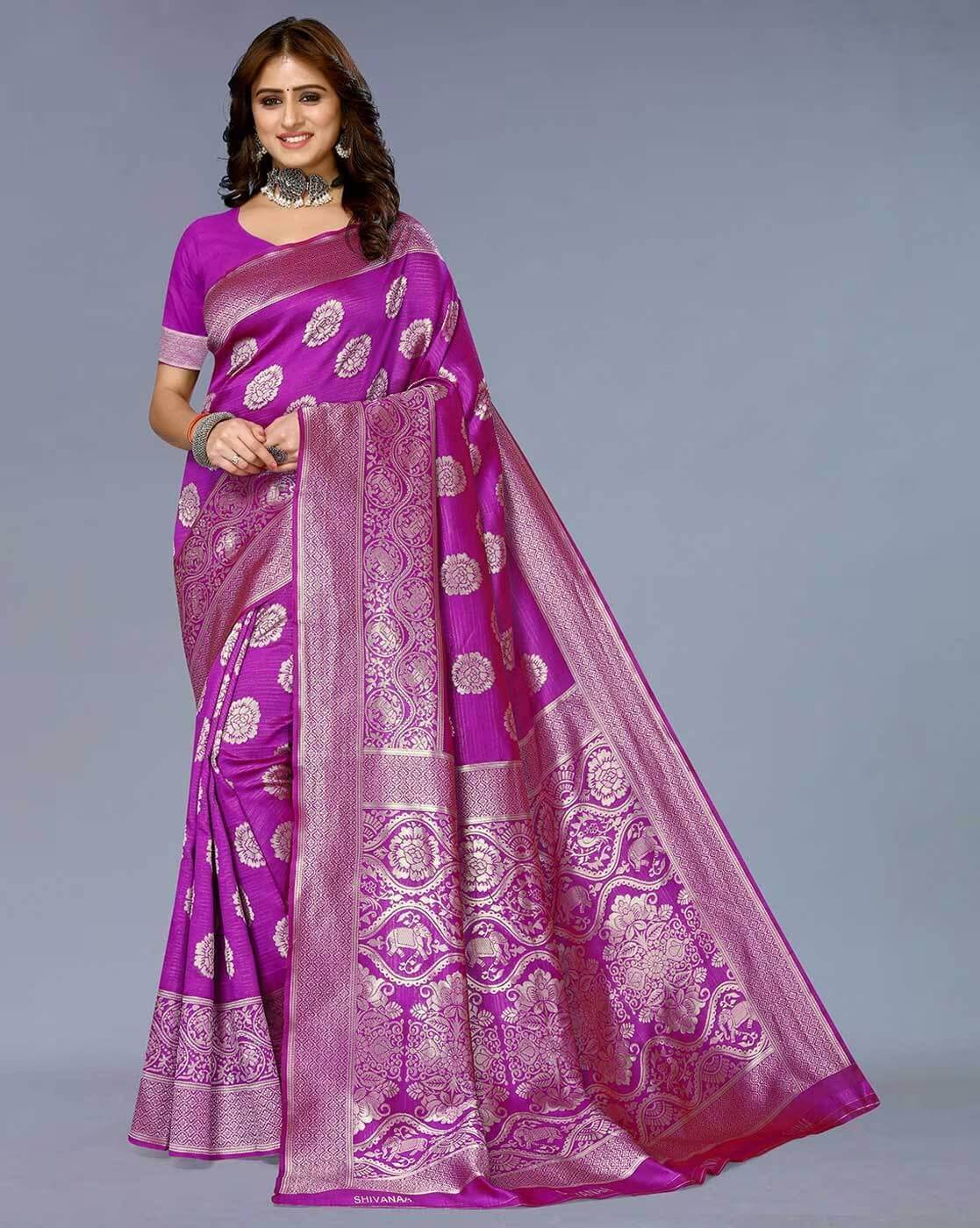     			YUGAVEERAA Silk Embellished Regular Saree With Unstitched Blouse Piece ( Purple )