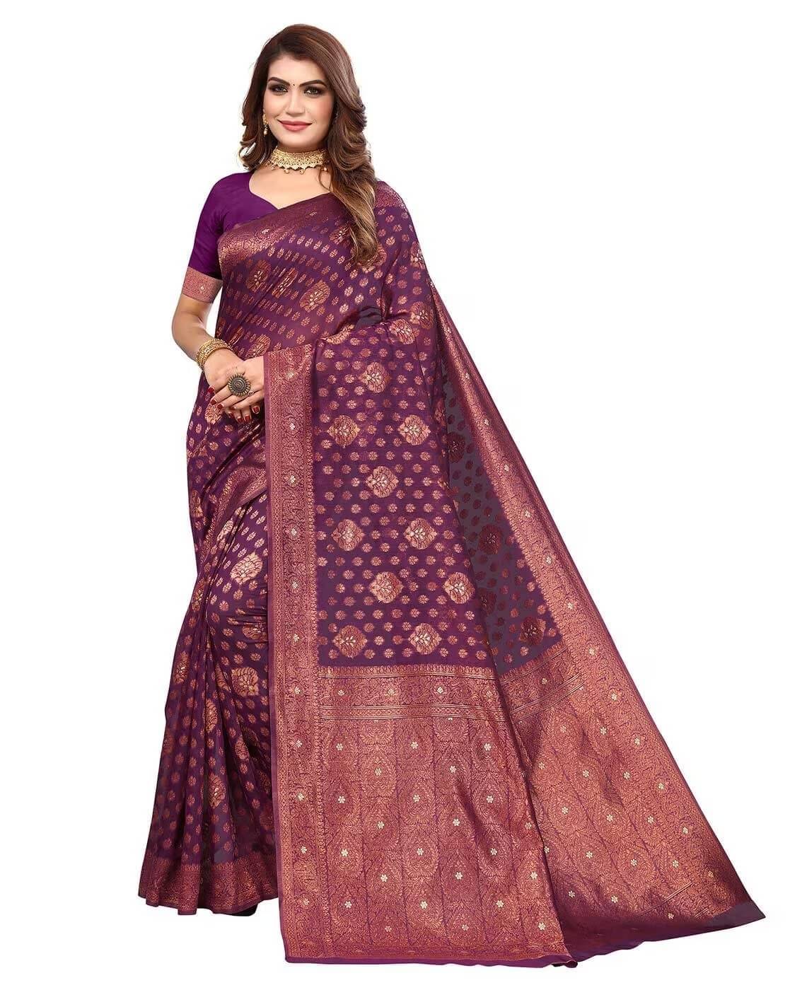     			YUGAVEERAA Silk Printed Regular Saree With Unstitched Blouse Piece ( Purple )