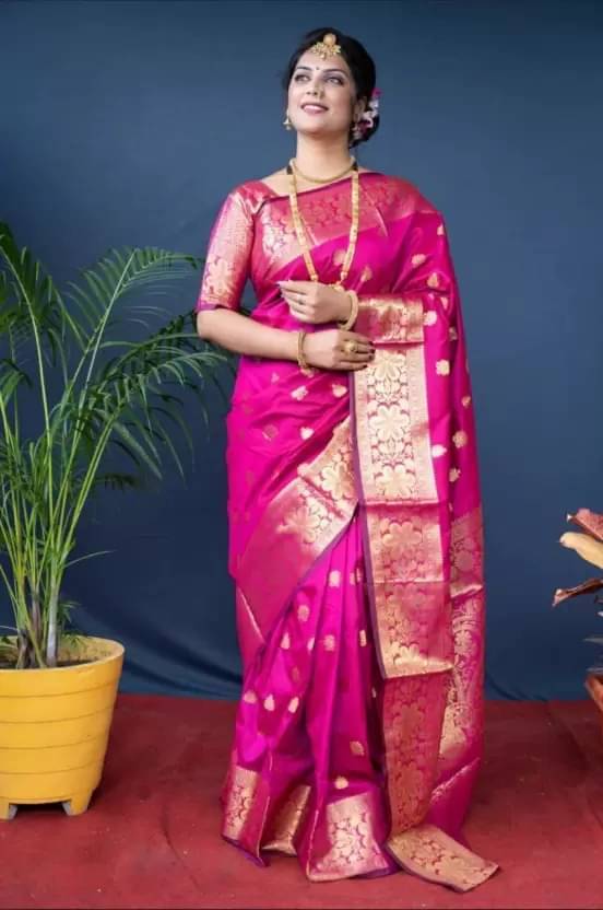 YUGAVEERAA Silk Woven Regular Saree With Unstitched Blouse Piece ( Rani ) YUGAVEERAA Silk Woven Regular Saree With Unstitched Blouse Piece ( Rani )