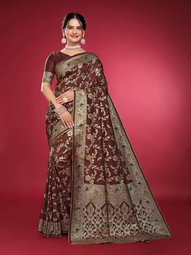YUGAVEERAA Silk Woven Regular Saree With Unstitched Blouse Piece ( Brown ) YUGAVEERAA Silk Woven Regular Saree With Unstitched Blouse Piece ( Brown )