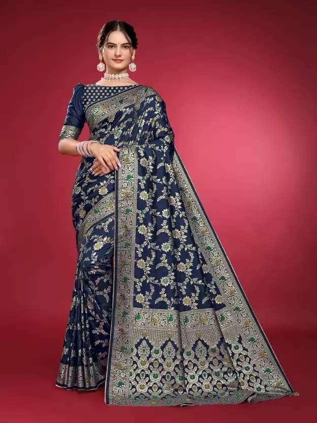     			YUGAVEERAA Silk Woven Regular Saree With Unstitched Blouse Piece ( Navy Blue )