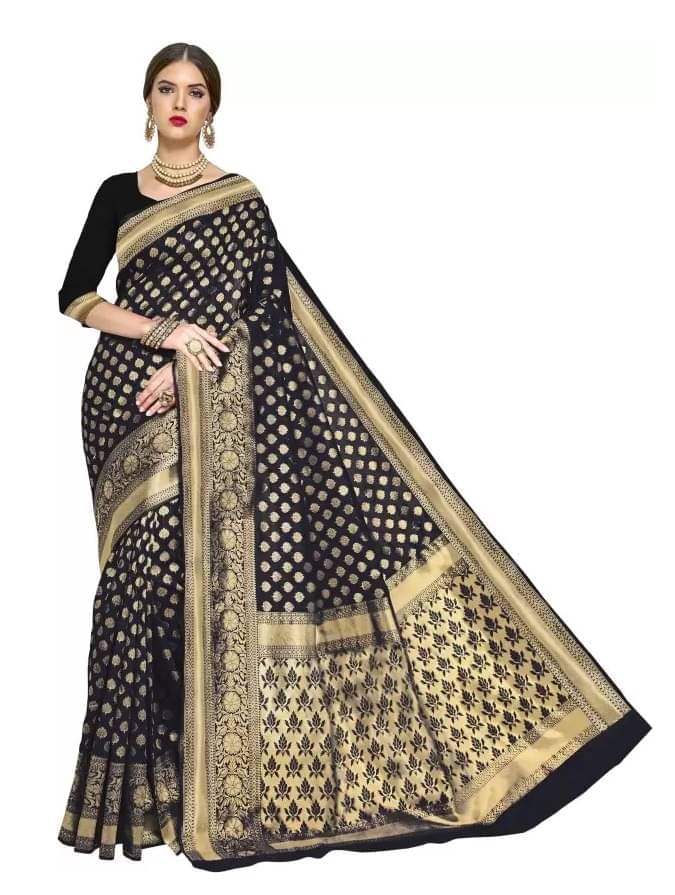 YUGAVEERAA Silk Woven Regular Saree With Unstitched Blouse Piece ( Black ) YUGAVEERAA Silk Woven Regular Saree With Unstitched Blouse Piece ( Black )