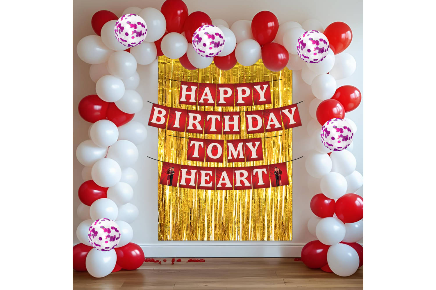     			1iAM Happy Birthday Decoration Items For Wife - Pack of 48 | 1pc Red & White "HAPPY BIRTHDAY TO MY HEART" Banner, Golden Foil Curtain & Arch, 45pcs Balloons | Love Birthday Decor Items For Girlfriend