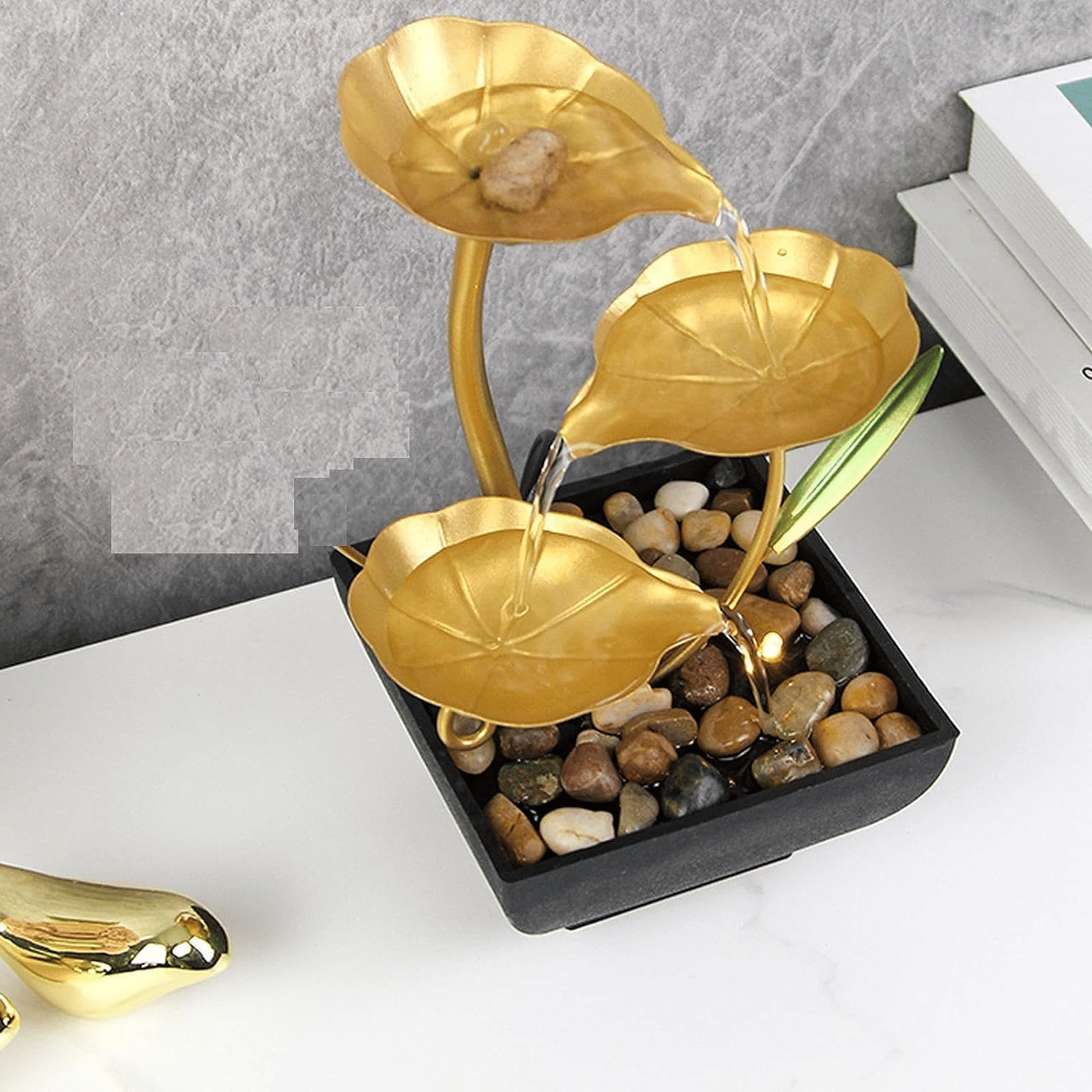 3-Layer Water Fountain for Home Decor, Indoor Waterfall Fountain for Home, Golden Color and Black Stand with Natural River Stone Table Top Fountain, House Warming Gift 3-Layer Water Fountain for Home Decor, Indoor Waterfall Fountain for Home, Golden Color and Black Stand with Natural River Stone Table Top Fountain, House Warming Gift