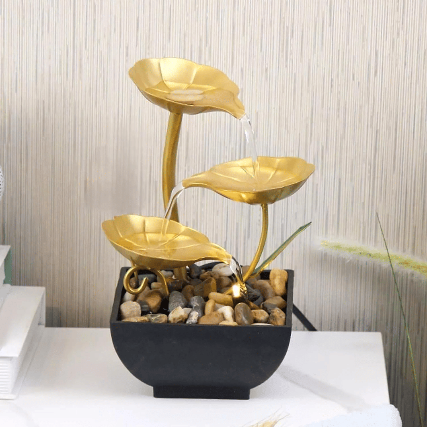 3-Layer Water Fountain for Home Decor, Indoor Waterfall Fountain for Home, Golden Color and Black Stand with Natural River Stone Table Top Fountain, House Warming Gift 3-Layer Water Fountain for Home Decor, Indoor Waterfall Fountain for Home, Golden Color and Black Stand with Natural River Stone Table Top Fountain, House Warming Gift