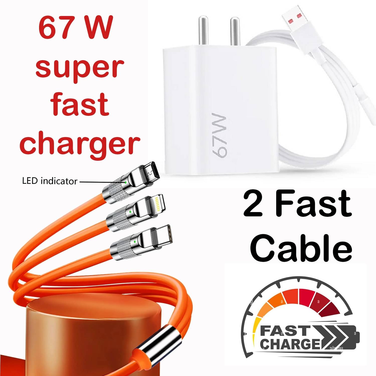     			"67W Fast Charger with 3-in-1 Cable | Supports Type-C, Micro USB & Lightning | Universal Power Adapter for Laptop, Mobile & Tablet | PD Quick Charging, Travel-Friendly Design"