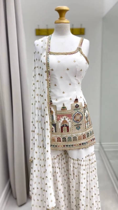 BHAGYASHRAY Women Georgette Embroidered Straight Kurti With Alladin Salwar ( White ) BHAGYASHRAY Women Georgette Embroidered Straight Kurti With Alladin Salwar ( White )
