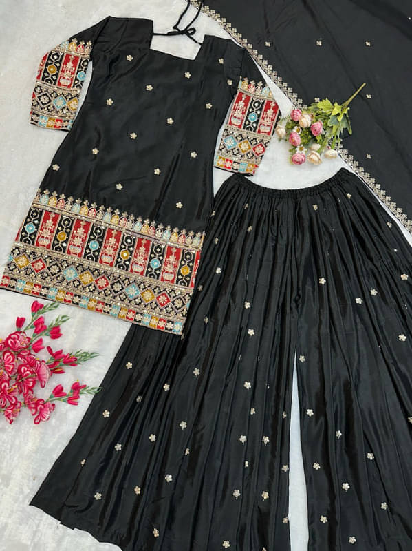     			Dulhan Saree Women Silk Embroidered Straight Kurti With Sharara And Gharara ( Black )
