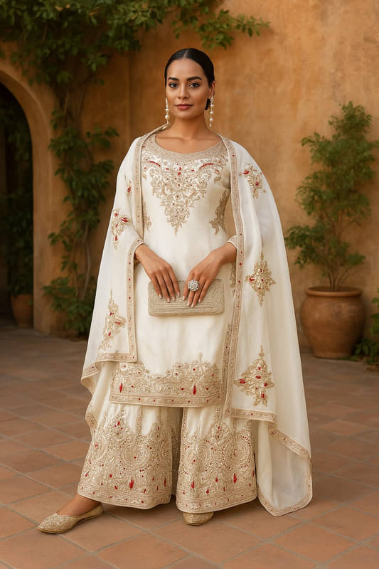 Dulhan Saree Women Silk Embroidered Straight Kurti With Alladin Salwar ( White ) Dulhan Saree Women Silk Embroidered Straight Kurti With Alladin Salwar ( White )