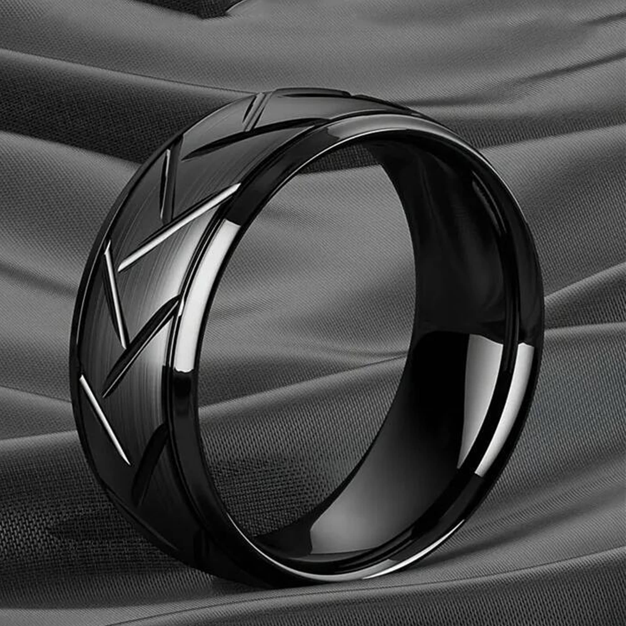 Fashion Frill Black Michelin Ring | Simple Stainless Steel Ring | Mens Black Ring | Minimalist Black Ring | Mens Black Band | Gift for Him Size-10