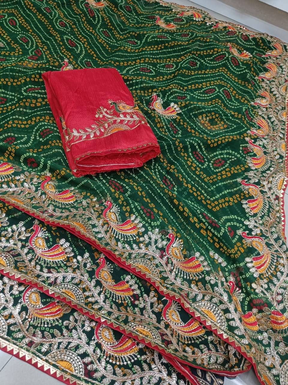 GOPI SAREE Georgette Embroidered Bandhani Sarees With Unstitched Blouse Piece ( Green ) GOPI SAREE Georgette Embroidered Bandhani Sarees With Unstitched Blouse Piece ( Green )