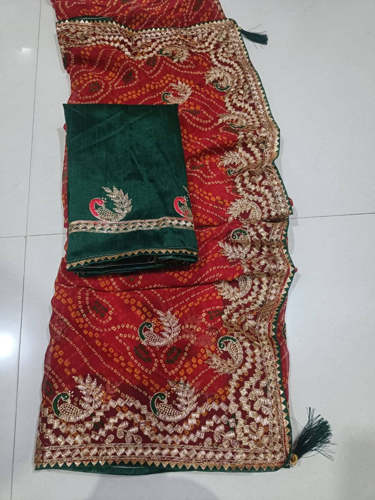 GOPI SAREE Georgette Embroidered Bandhani Sarees With Unstitched Blouse Piece ( Red )     			GOPI SAREE Georgette Embroidered Bandhani Sarees With Unstitched Blouse Piece ( Red )