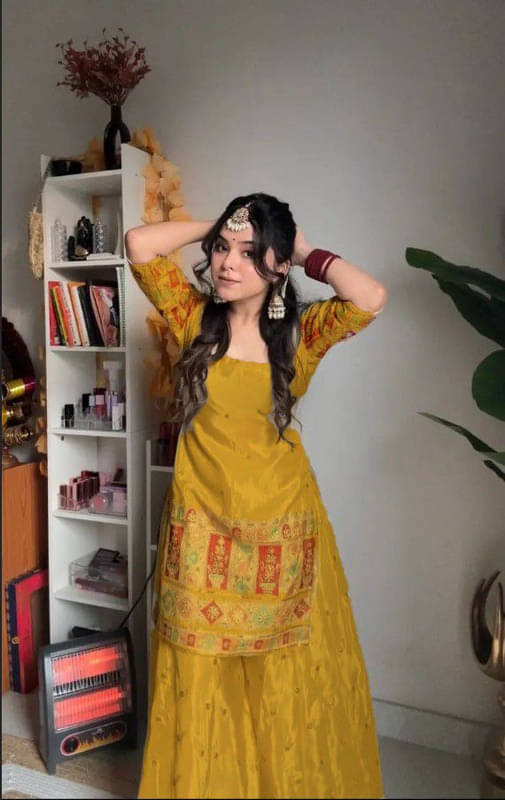 HEXA INFOSYS Women Silk Embroidered Straight Kurti With Alladin Salwar ( Gold ) HEXA INFOSYS Women Silk Embroidered Straight Kurti With Alladin Salwar ( Gold )