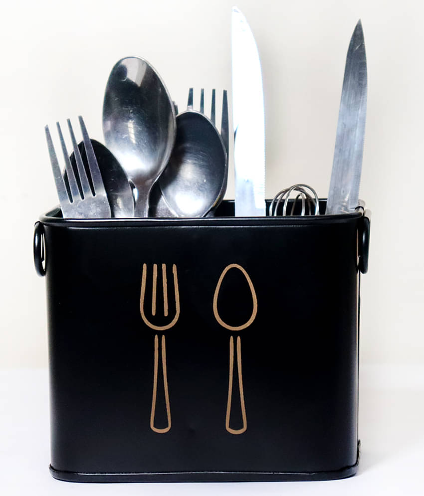     			HOMSSY 2 Partition Black White Metal Cutlery Holder Black ( Pack of 1 )