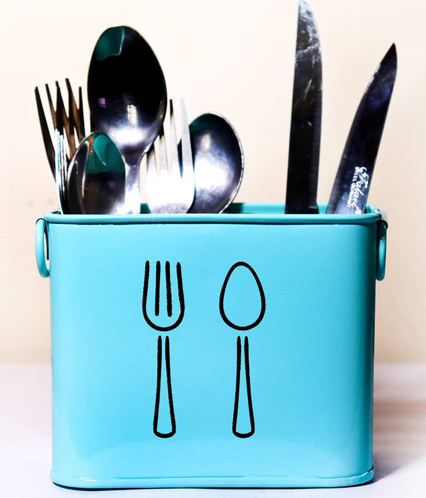     			HOMSSY 2 Partition Yellow White Metal Cutlery Holder Light Blue ( Pack of 1 )