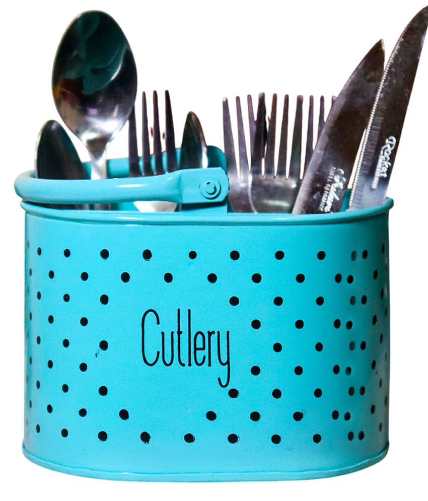     			HOMSSY 4 Partition polka White Metal Cutlery Holder Light Blue ( Pack of 1 )