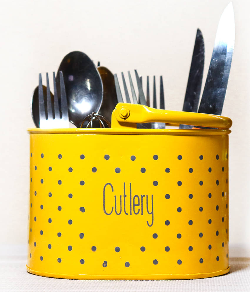     			HOMSSY 4 Partition polka White Metal Cutlery Holder Yellow ( Pack of 1 )