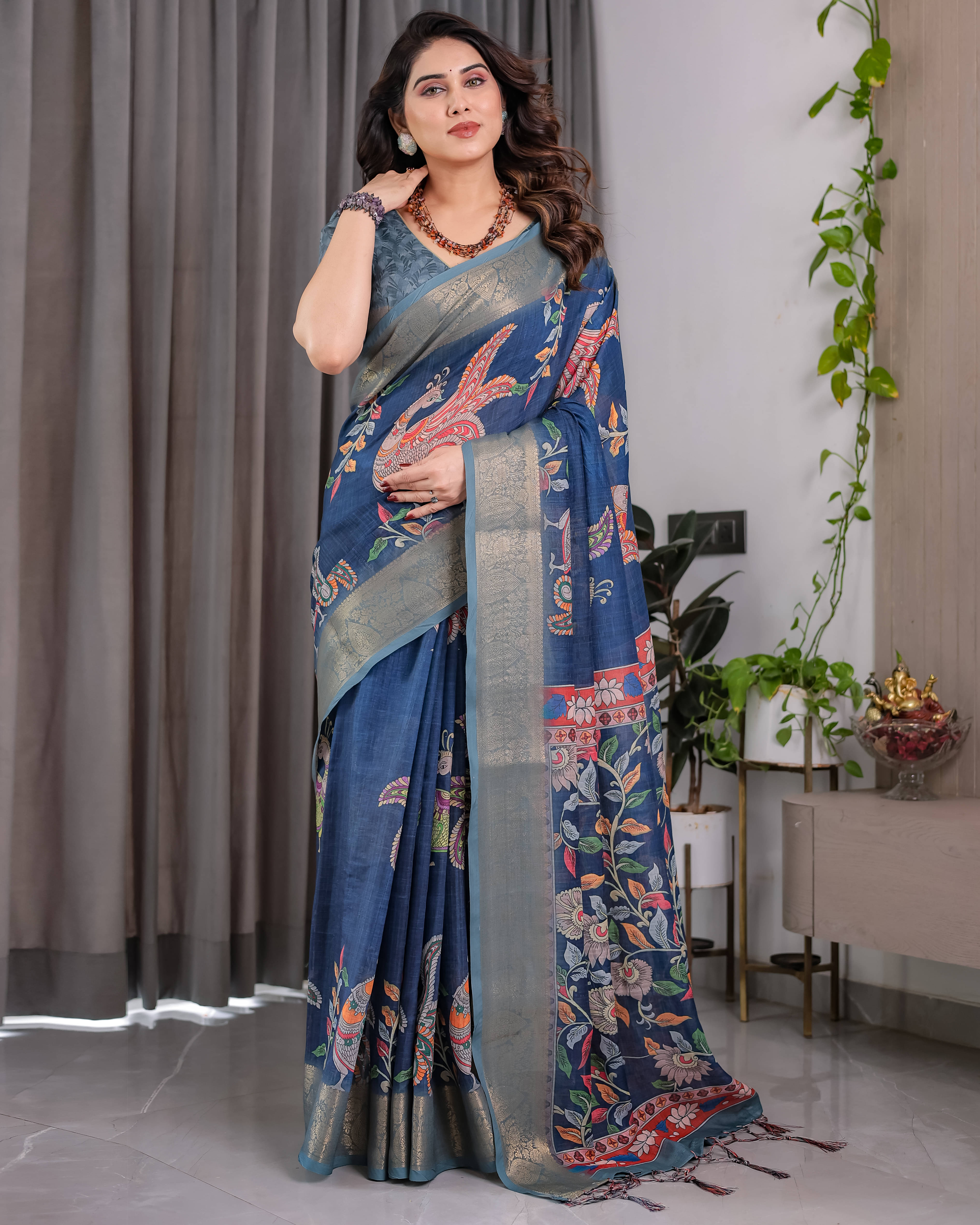     			INDIAN SILKS Linen Printed Mysore Silk Sarees With Unstitched Blouse Piece ( Blue )