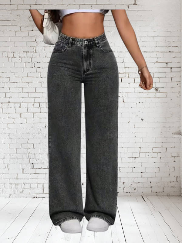 Niffar Women's Wide Leg High-Rise Jeans ( Dark Grey ) Niffar Women's Wide Leg High-Rise Jeans ( Dark Grey )