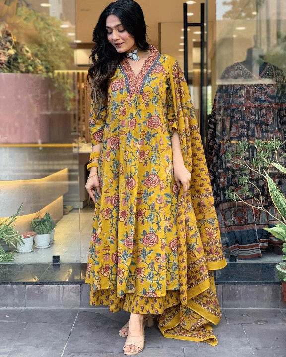 SRF JAIPR Women Cotton Printed Straight Kurti ( Mustard )     			SRF JAIPR Women Cotton Printed Straight Kurti ( Mustard )