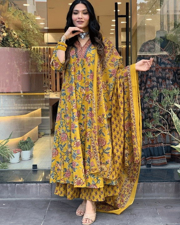 SRF JAIPR Women Cotton Printed Straight Kurti ( Mustard ) SRF JAIPR Women Cotton Printed Straight Kurti ( Mustard )