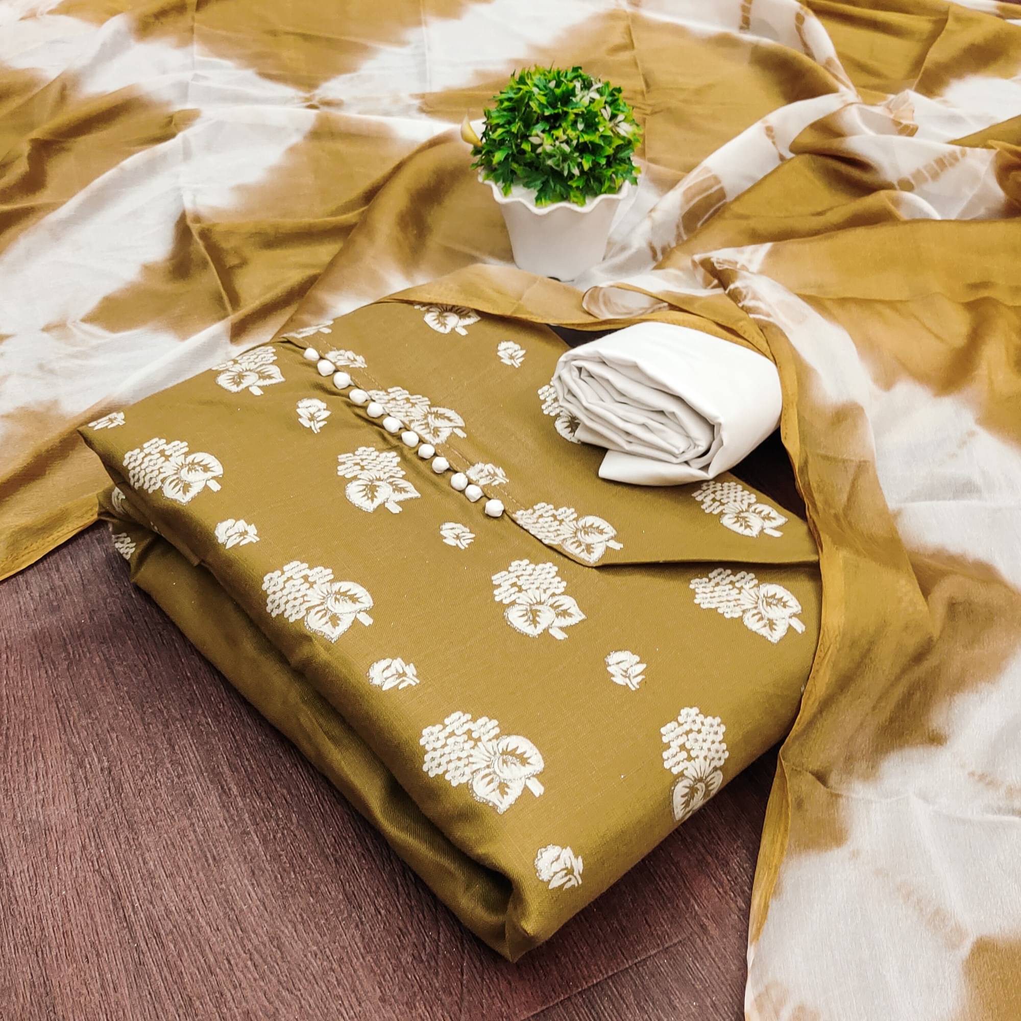 Shree Mahantam Women Cotton Unstitched Dress Material ( Olive )     			Shree Mahantam Women Cotton Unstitched Dress Material ( Olive )