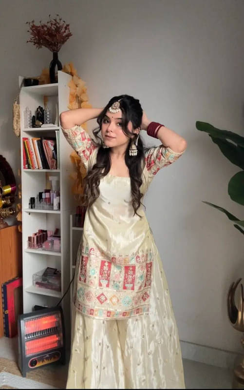 VYOM EMPORIO Women Silk Embroidered Straight Kurti With Alladin Salwar ( Off White ) VYOM EMPORIO Women Silk Embroidered Straight Kurti With Alladin Salwar ( Off White )