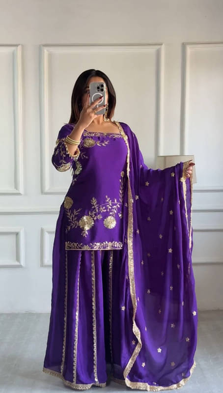     			rangvini Women Silk Embroidered Straight Kurti With Alladin Salwar ( Purple )