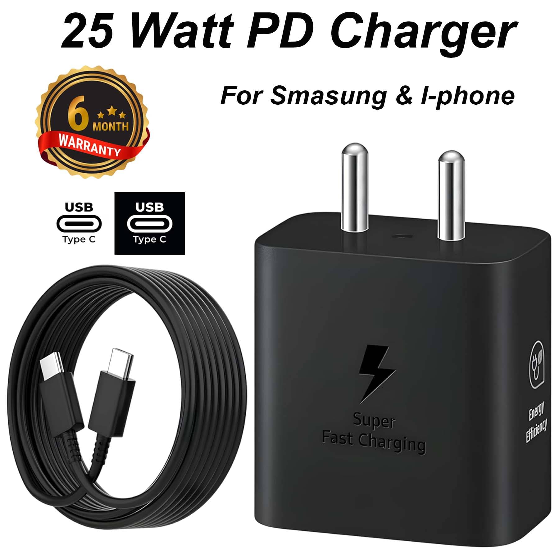     			25 Watt PD Fast Charger Supports Fast Charge with Type C to C Type Cable, Fast Charging Mobile Charger for Sam-sung & I-Phone Devices - Black