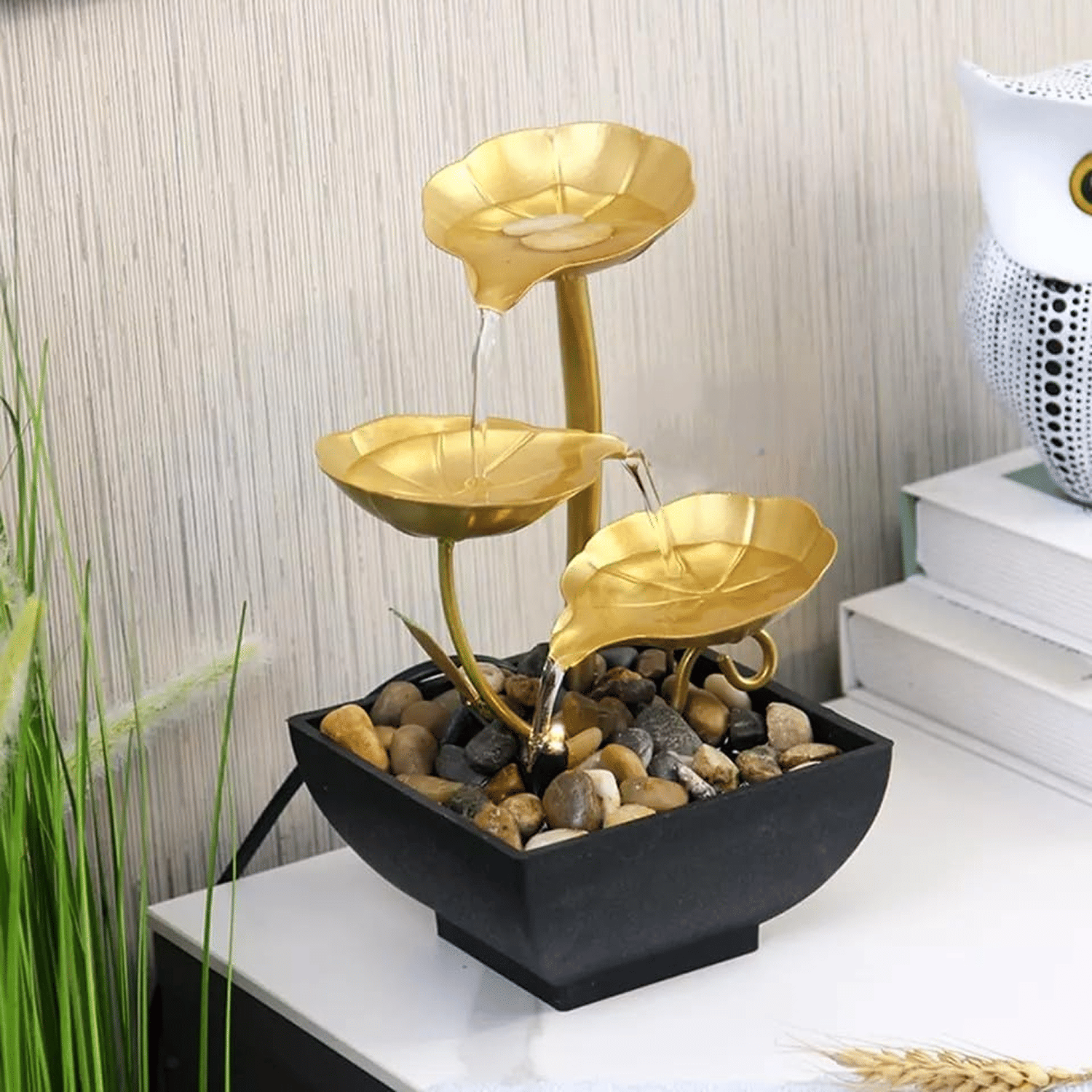 3-Layer Water Fountain for Home Decor, Indoor Waterfall Fountain for Home, Golden Color and Black Stand with Natural River Stone Table Top Fountain, House Warming Gift 3-Layer Water Fountain for Home Decor, Indoor Waterfall Fountain for Home, Golden Color and Black Stand with Natural River Stone Table Top Fountain, House Warming Gift