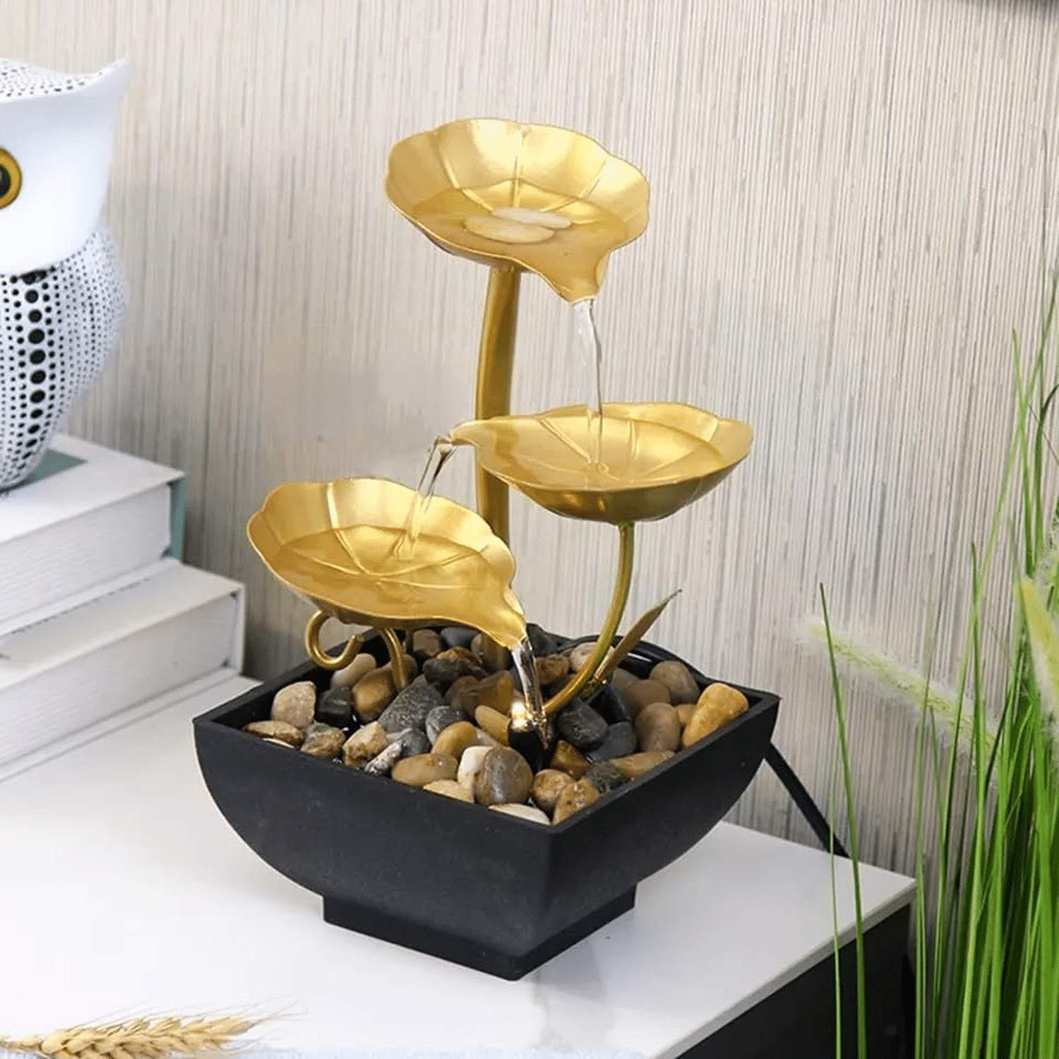 3-Layer Water Fountain for Home Decor, Indoor Waterfall Fountain for Home, Golden Color and Black Stand with Natural River Stone Table Top Fountain, House Warming Gift 3-Layer Water Fountain for Home Decor, Indoor Waterfall Fountain for Home, Golden Color and Black Stand with Natural River Stone Table Top Fountain, House Warming Gift