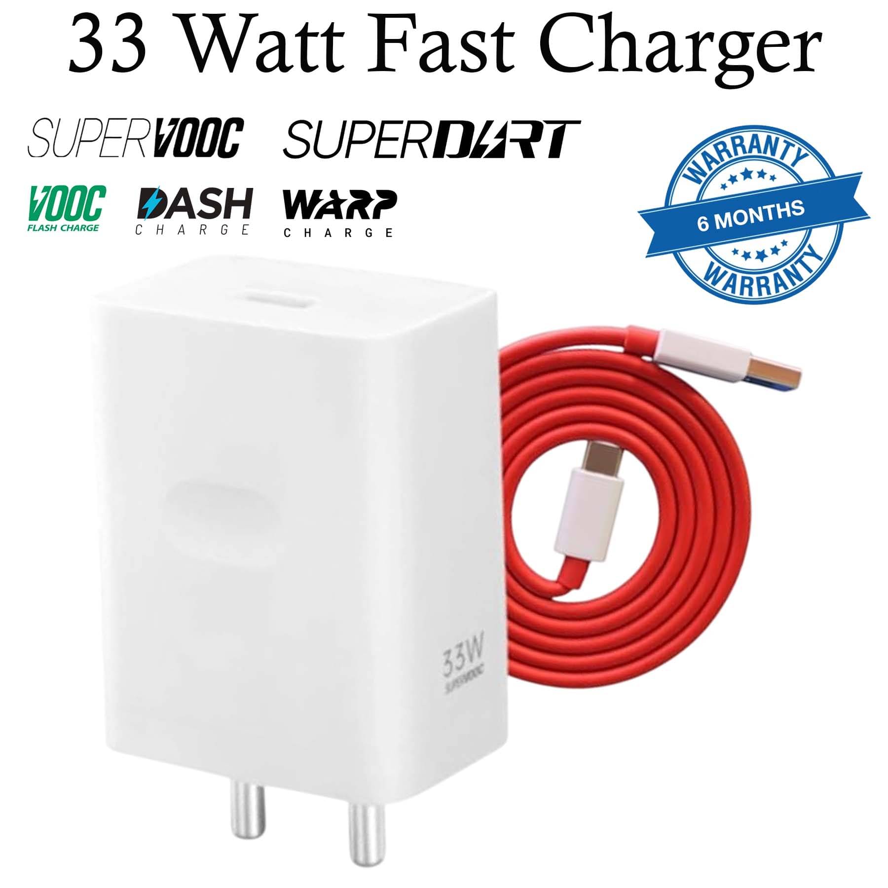     			33 Watt 5 A Wall Fast Charging Mobile Charger With Detachable Cable Supports Supervooc, Vooc, Superdart, Dash, Warp Charging Tech (Red, Cable Included)