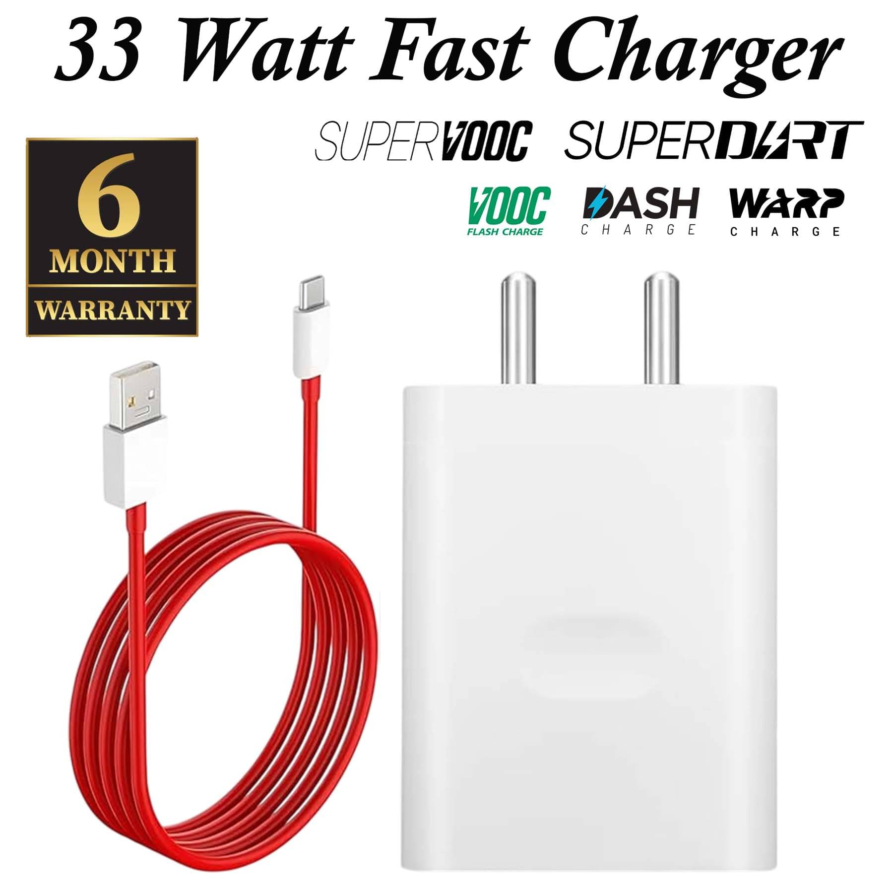     			33 Watt 5 A Wall Fast Charging Mobile Charger With Detachable Cable Supports Supervooc, Vooc, Superdart, Dash, Warp Charging Tech (Red, Cable Included)